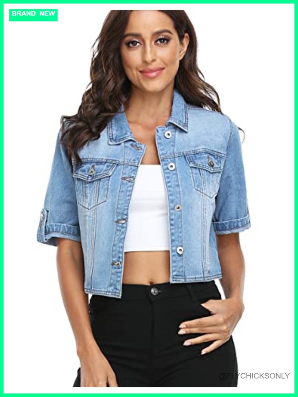 Cropped Denim Jacket Short Sleeve Button Down 100% Cotton Jean Coat